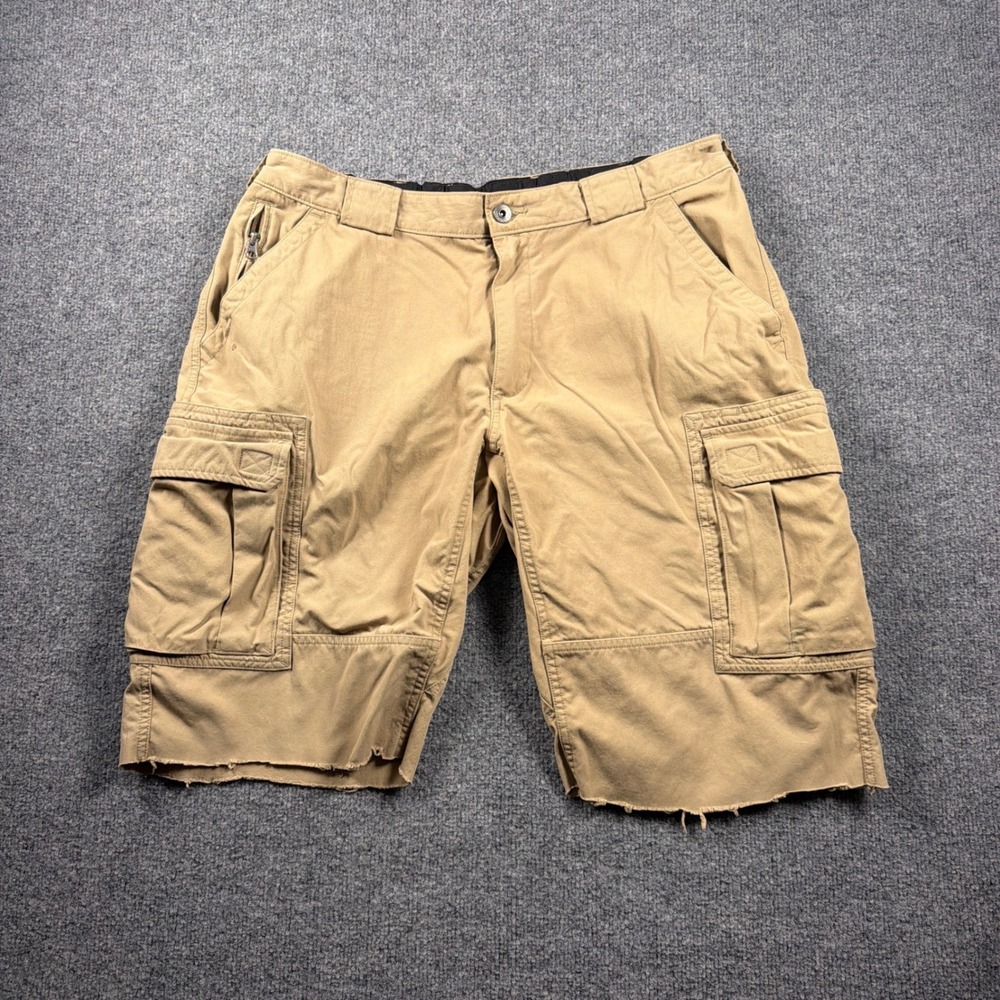 Duluth Trading Co Cargo Shorts Mens XL 32 Tan Fire Hose Utility Modified Raw Hem